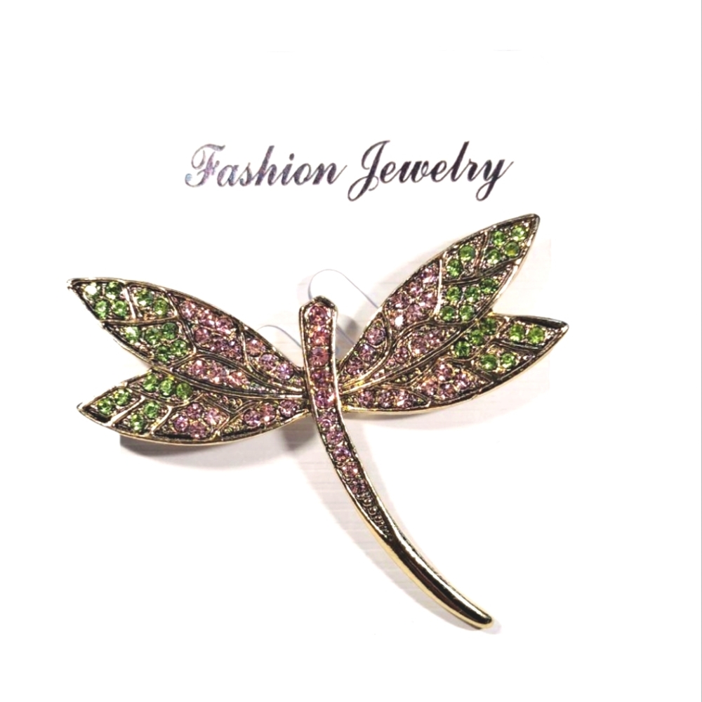 Pink & Green Crystal Dragonfly Brooch
